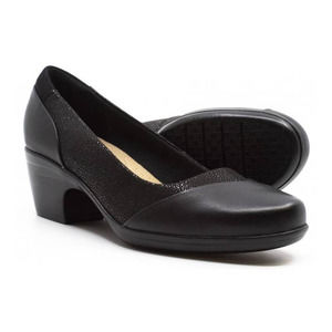 clarks emily alexa block heel leather pump